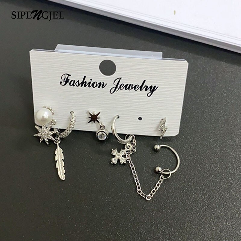 exquise perle feuilles foudre cerceau boucles d'oreilles ensemble coréen mignon étoiles ensembles cerceau boucles d'oreilles pour femmes bijoux: silver