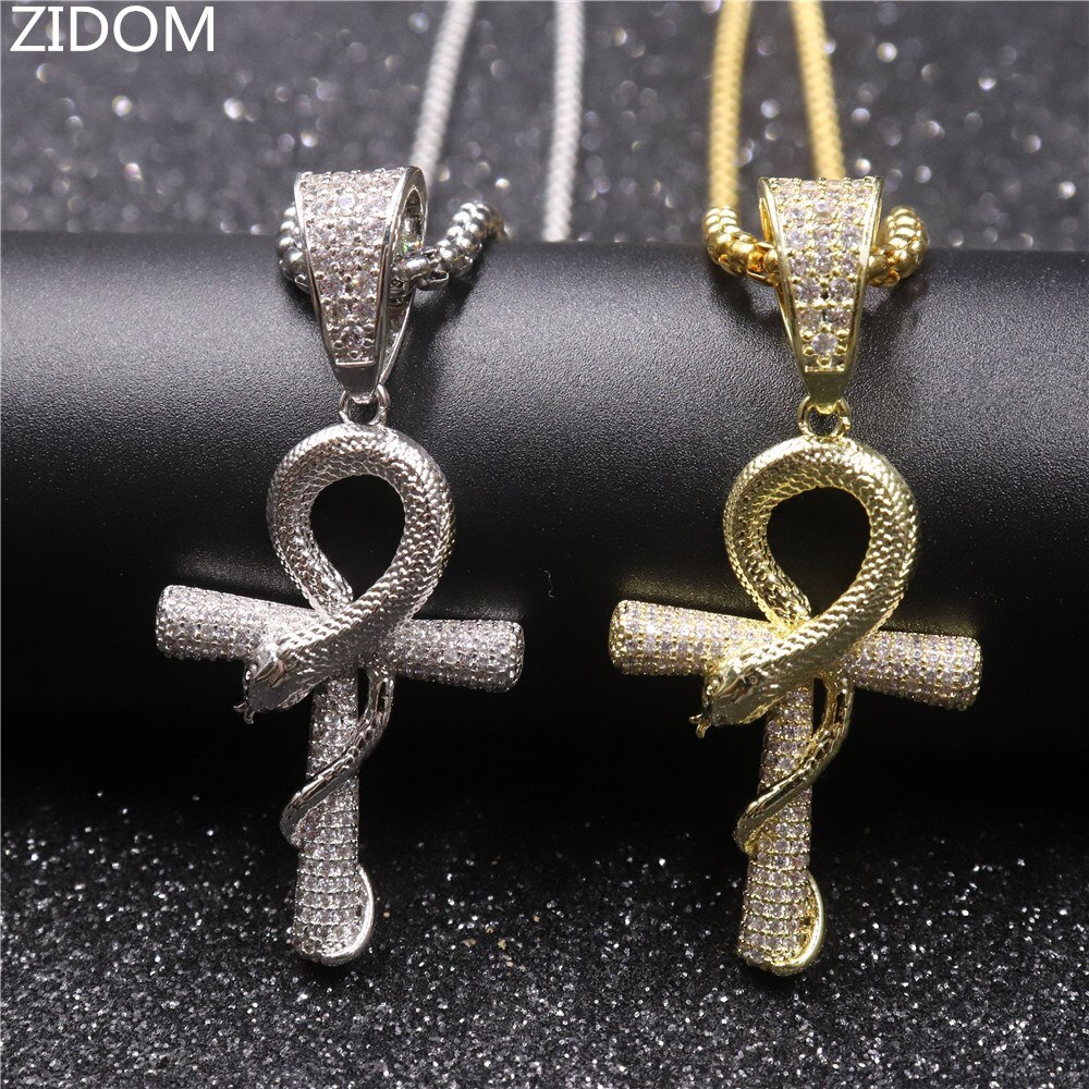 Hiphop Sieraden Bling Iced Out Ankh Kruis Met Slang Hanger Kettingen Pave Instellen Cubic Zirconia Vintage Ketting Voor Vrouwen
