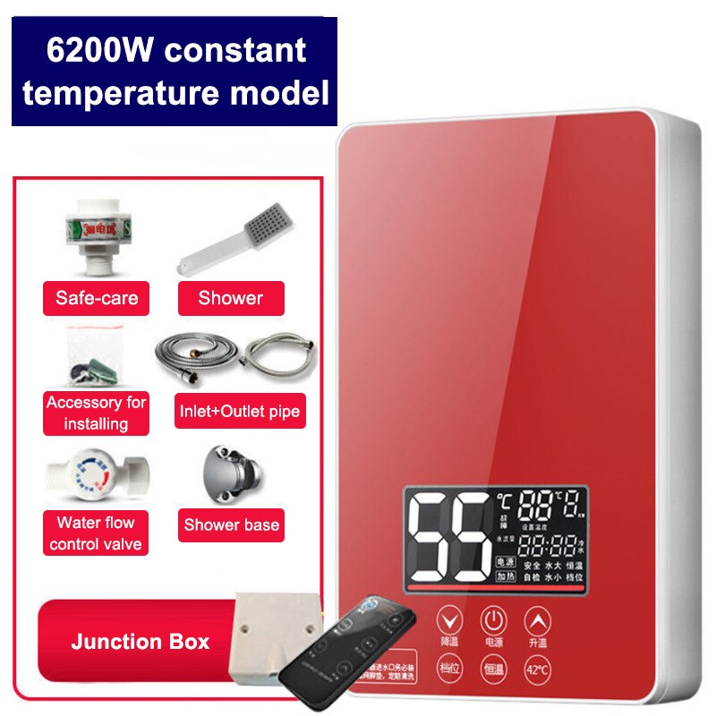 Remote Instantaneous Tankless Electric Water Heater Kitchen Instant Heating Faucet Tap Bathroom Shower Temperature Setting: 6200W red