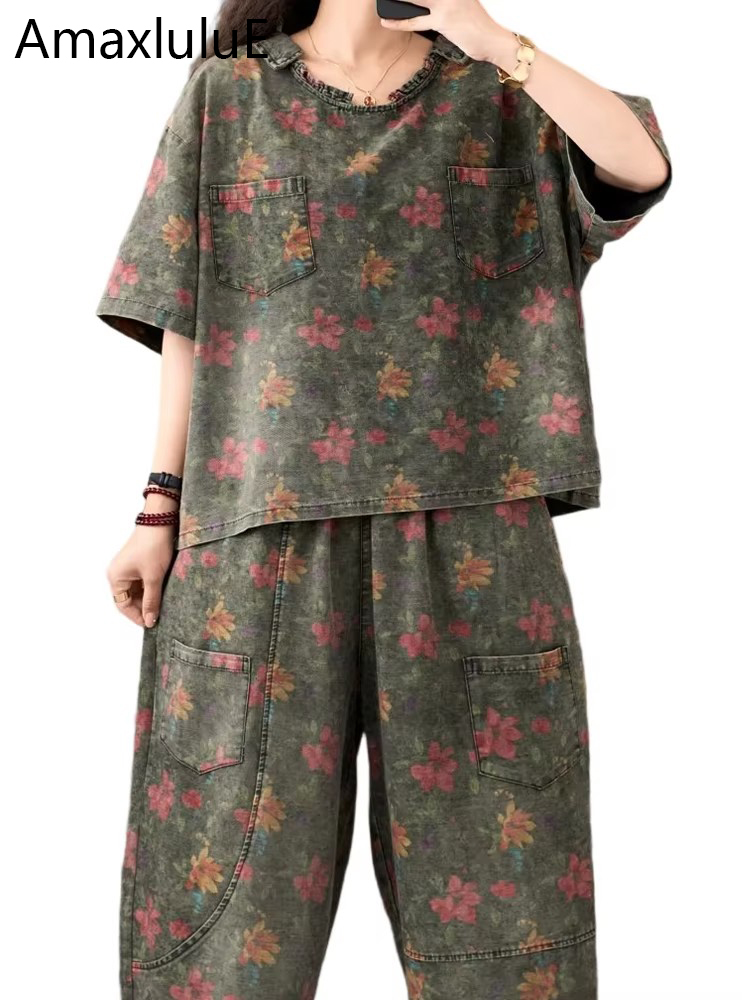 AmaxluluE, trajes vaqueros estampados de verano para mujer, conjuntos de 2 piezas florales sueltos, conjunto de , Tops con cuello redondo, camisetas, pantalones vaqueros informales, pantalones clásicos