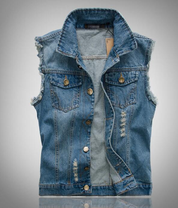 Veste en jean hommes sans manches vestes lavées Jeans colete masculino gilet pour hommes débardeur Cowboy homme gilet veste: Marine Bleu / 5XL