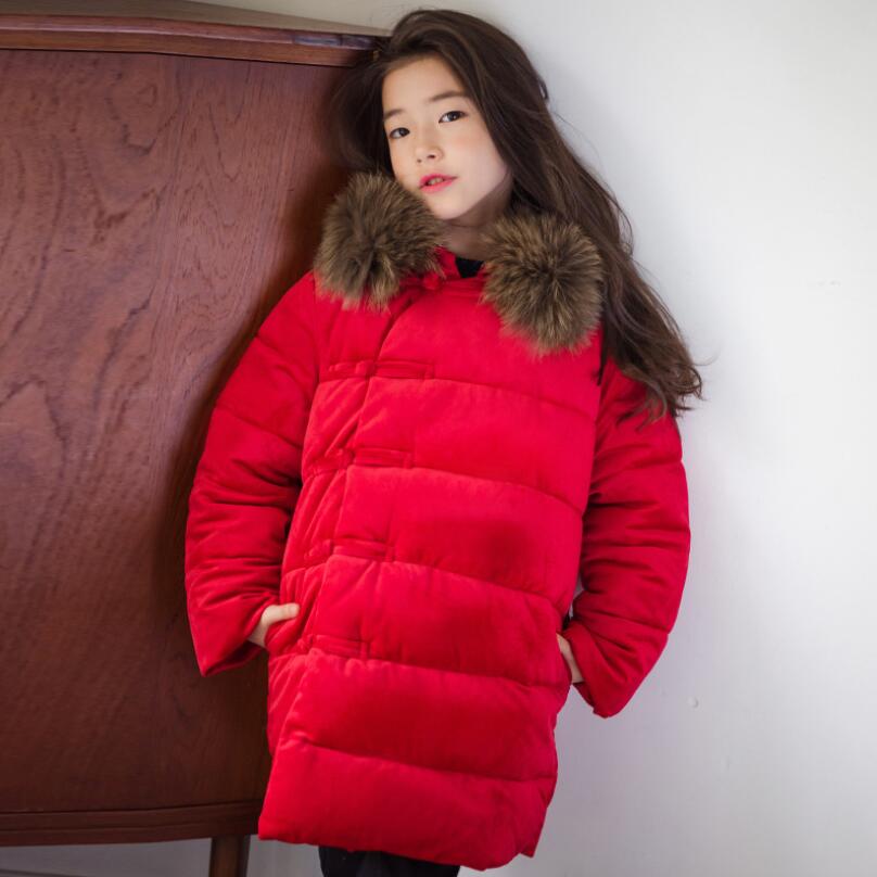 Kinderkleding Rode Chinese Stijl Winter Jas Meisjes Jas Bontkraag Meisjes Winter Jas Katoen Gewatteerde Parka Voor kids JW4346A
