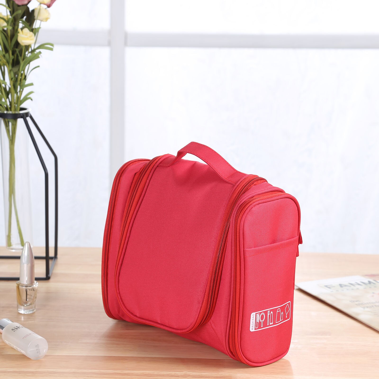 Hangende was- en toilettassen, opbergzakken, draagbaar, waterdicht, met haak, meerdere zakken, reistas, grote capaciteit, make-uptas, unisex: Rood