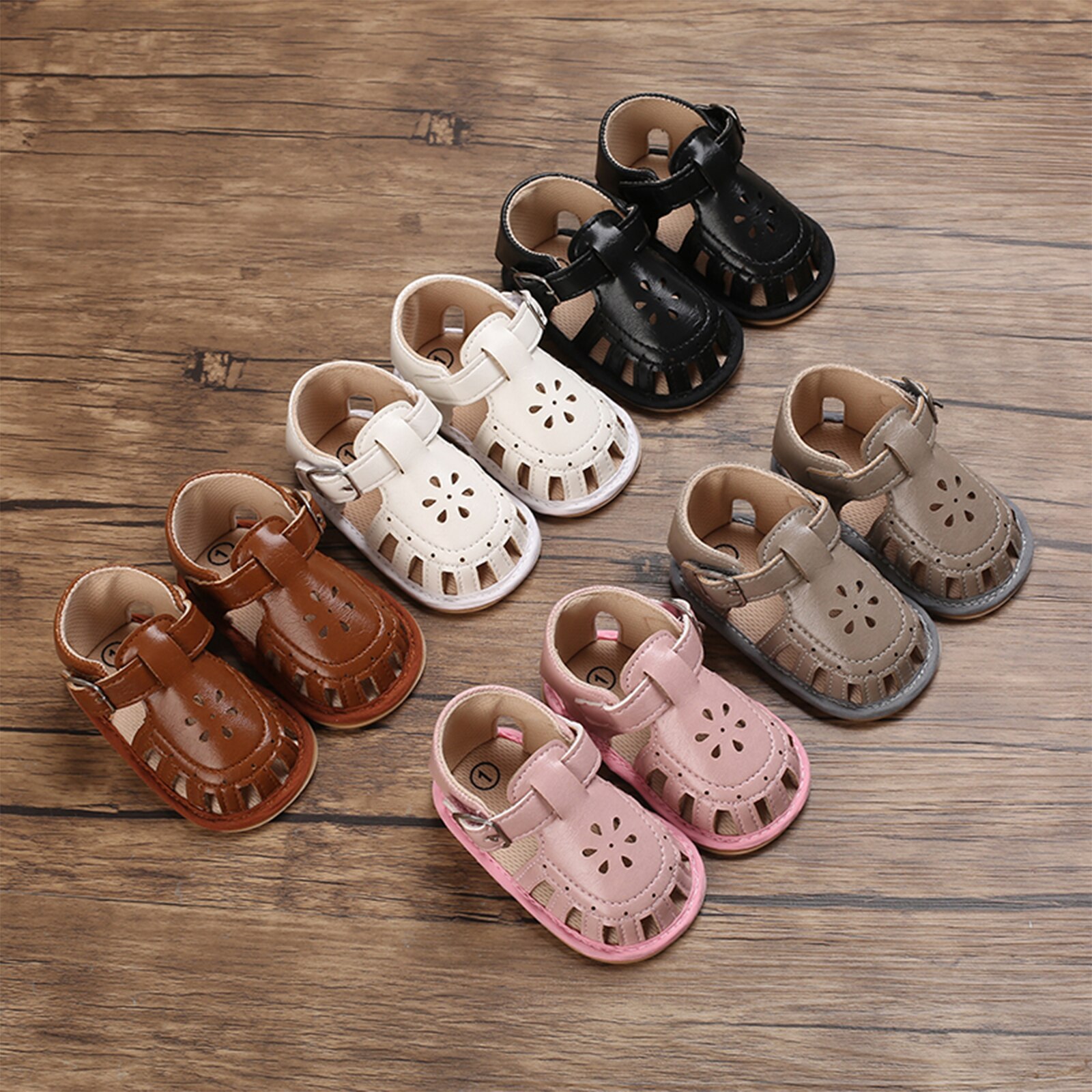 Pudcoco Baby Summer Sandals Solid Color Hollow-Out Buckle Stick-On Walking Shoes Soft Sole Anti-Slip Foot Wear