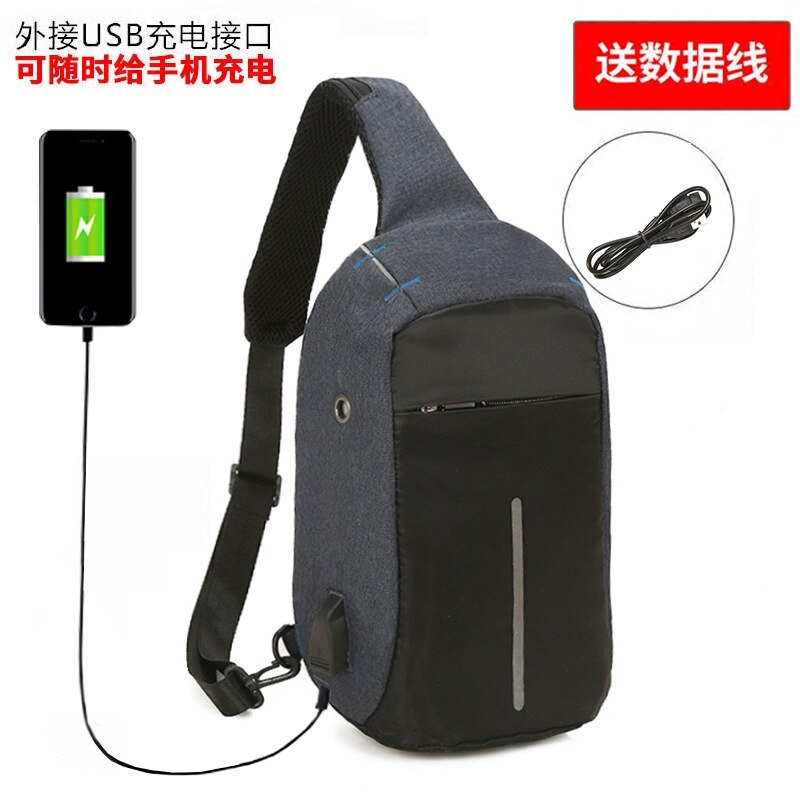 Anti-theft Waterproof Invisible Zipper Women Chest Bag Official Document Business Multifunction USB Port Oblique Satchel Bag: Blue