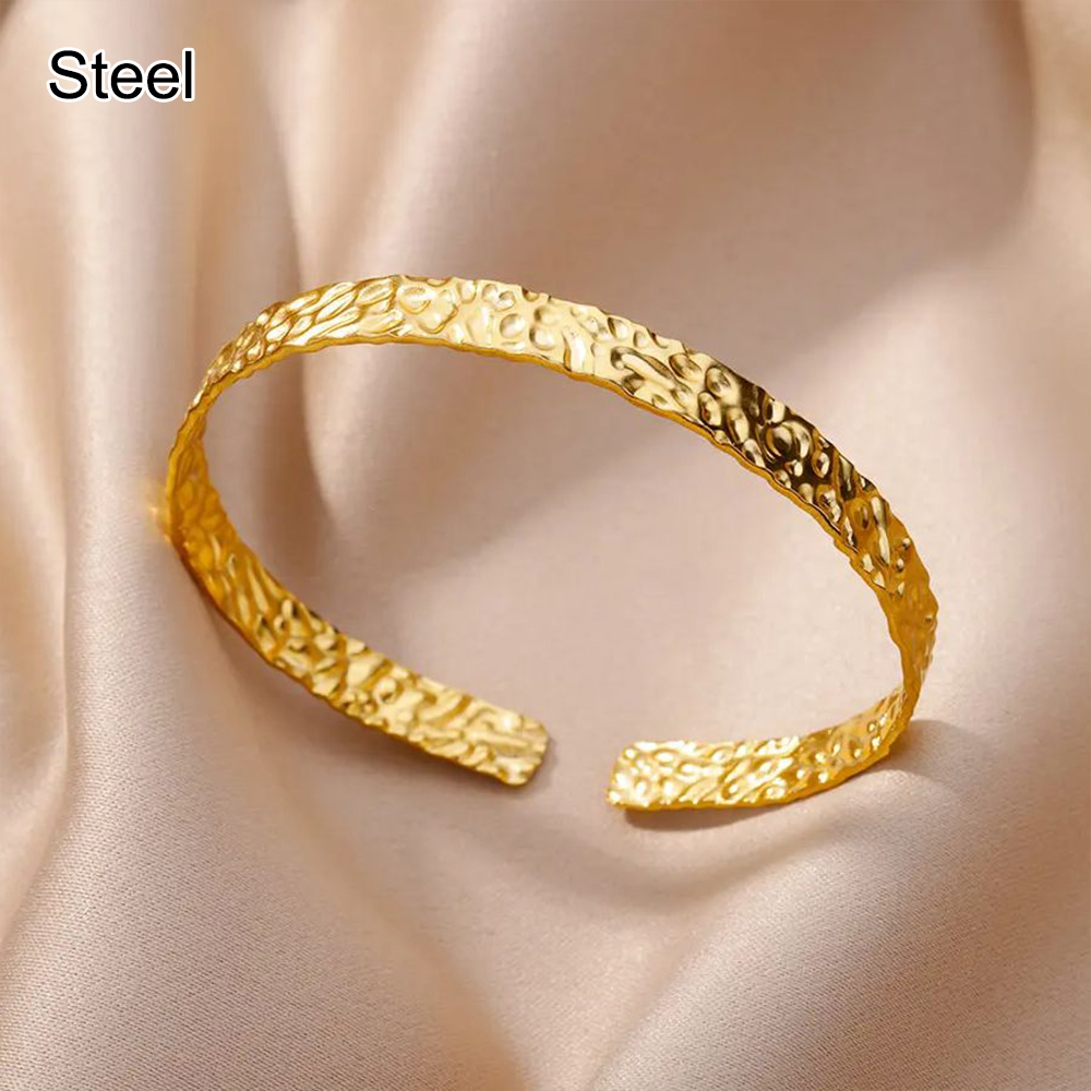 Stainless Steel Wide Bangles for Women Luxury Gold Color Open Chunky Cuff Bangle Bracelet femme Vintage Wedding Jewelry: Pure Gold Color