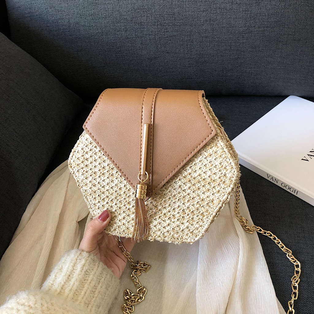 Hexagon Mulit Stil Stroh leder Handtasche Frauen Sommer Rattan Tasche Handarbeit Gewebt Strand Kreis Böhmen Schulter Tasche Neue