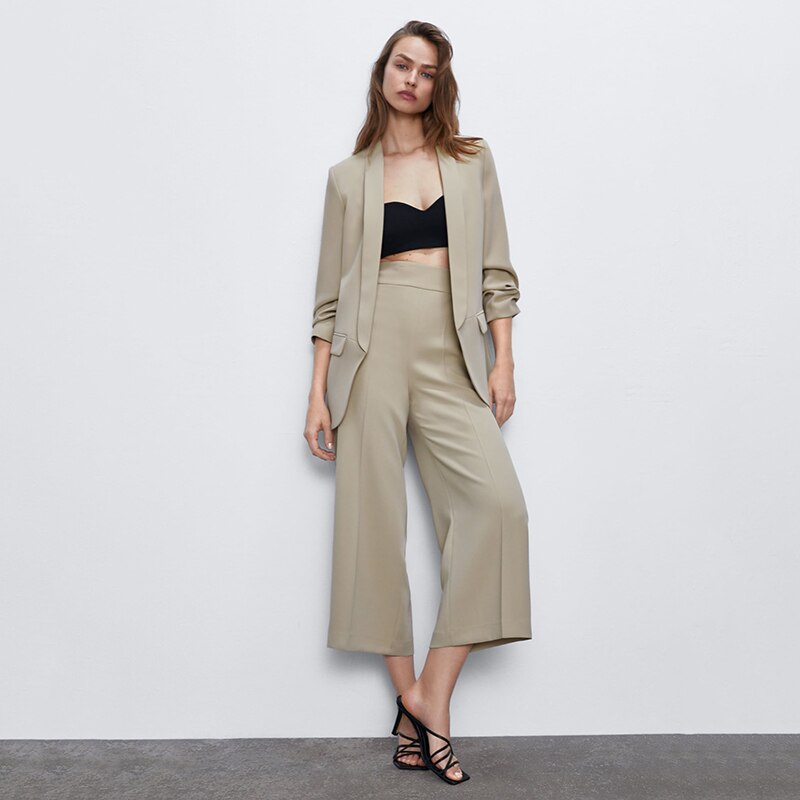 Za kvinder ensfarvet afslappet kontortøj jakkesæt blazerlommer frakke jakke langærmet med hak krave blazer femme: Khaki / Xs