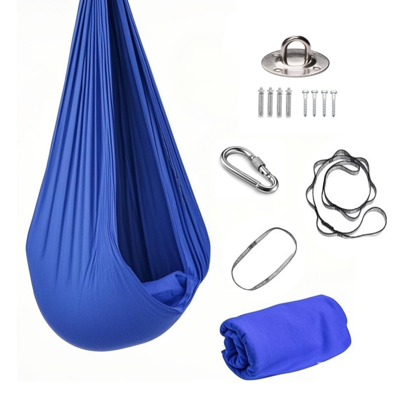 1.5*2.8m elastiska gunghängmattor för inomhus och utomhus (inklusive fästdetaljer) elastisk gunga hängande justerbar luftyoga vuxen helande hängmatta gungställning, hängmatta i elastiskt tyg. omfamna gungan, häng upp gunghängmattan, perfekt för yoga,: Marinblå