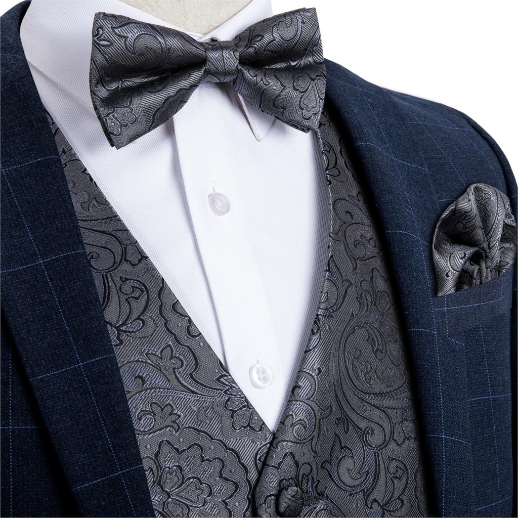 DiBanGu – gilet de smoking avec poche et nœud papillon pour homme, Blazer formel, gris foncé, argent, rouge, fête de mariage, ensemble carré