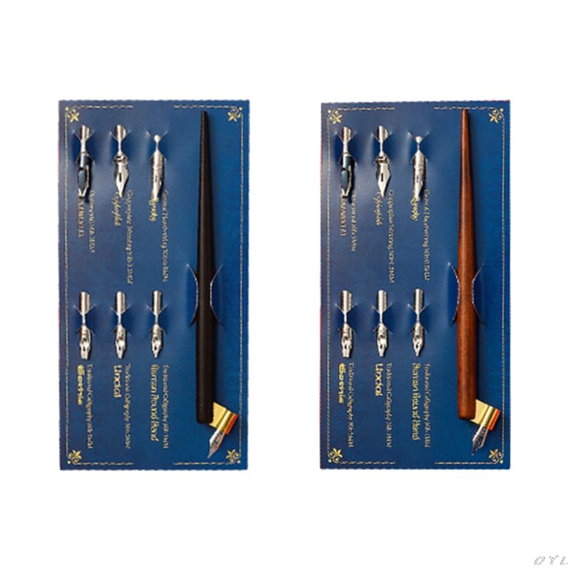 Wood Manga Calligraphy Dip Pen Holder +6 Nibs for Lettering Skiching Drawing Kit English Oblique Calligraphy Dip Pen