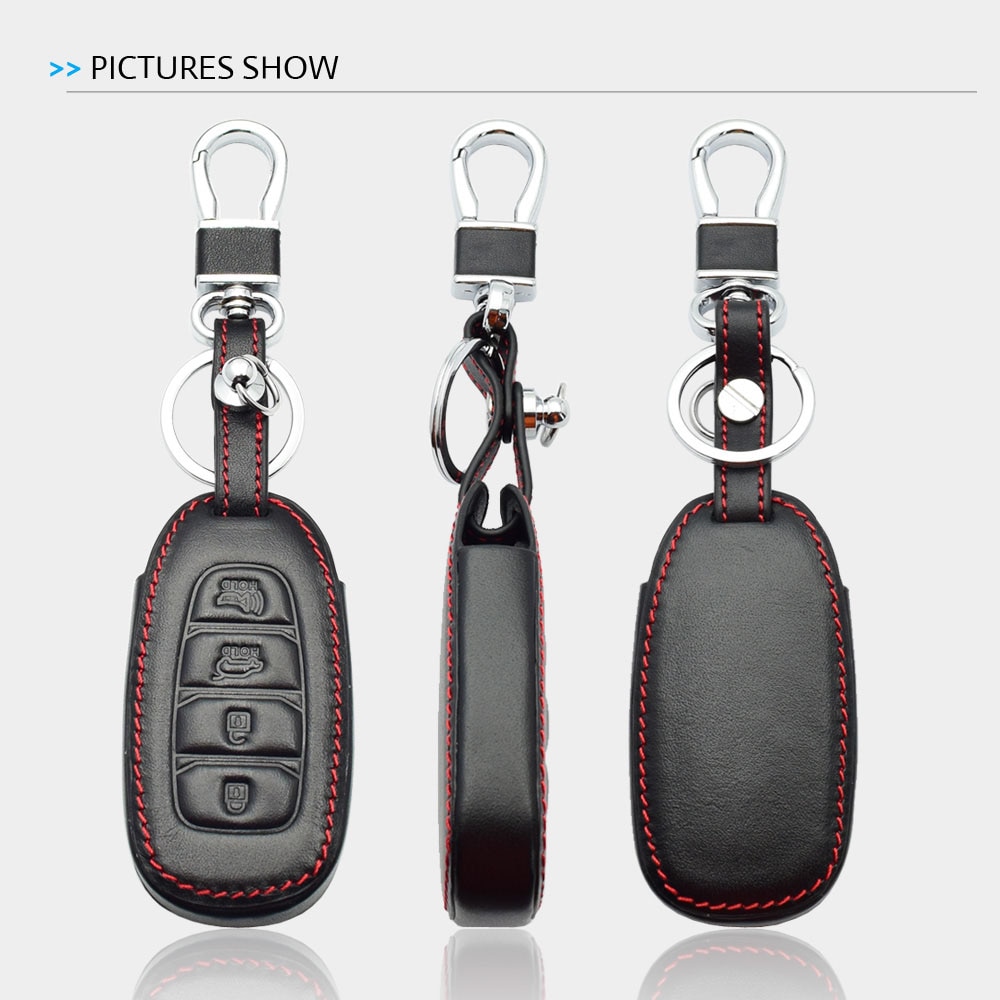 Funda de cuero para llave de coche Hyundai Kona Santa Fe TM 4 botones Smart Prox sin llave cubierta de mando de llave a distancia llavero Protector