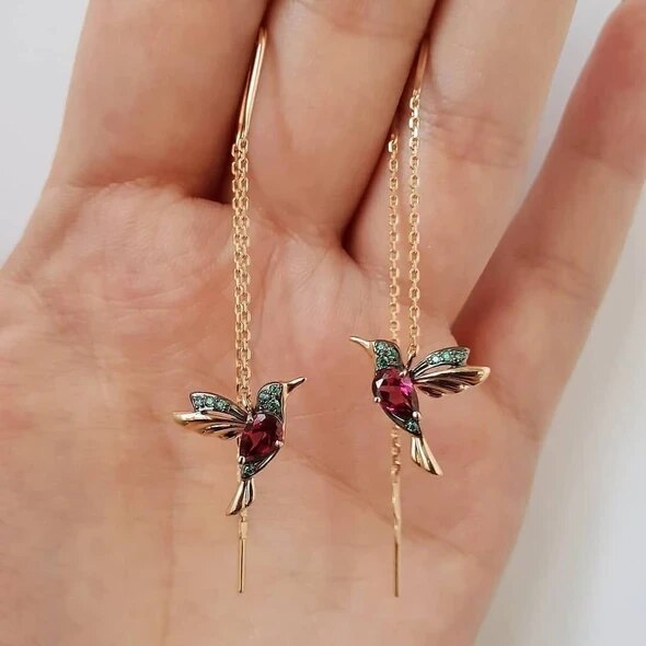 Kolibri rhinestone øreringe lang kvast farverige stud dingle kæde metal øreringe lækker