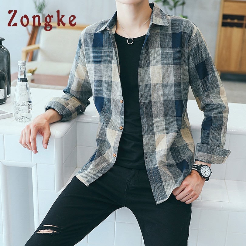 Zongke Plaid koszula męska z długim rękawem bawełniana pościel japońska moda uliczna koszula męska 5XL Casual koszula w kratę mężczyzn ubrania 2020 jesień nowy