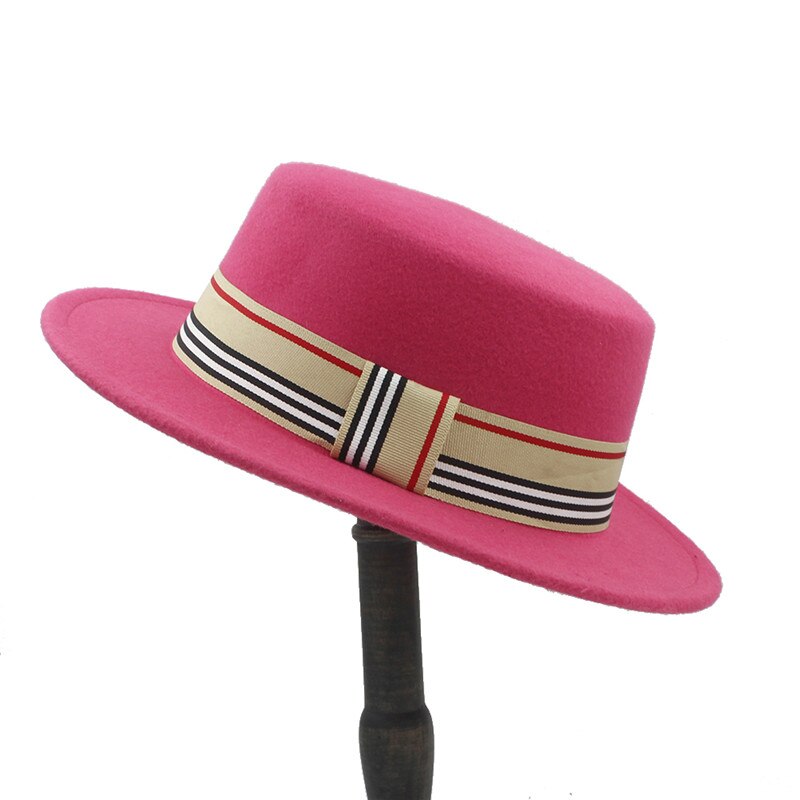 Frauen Männer Wolle Flache Homburg Filzhut Gentleman Schweinefleisch Kuchen Kirche Bootsfahrer Panama oben Kappen Gute Paket Größe 56-58 CM: Rose rot