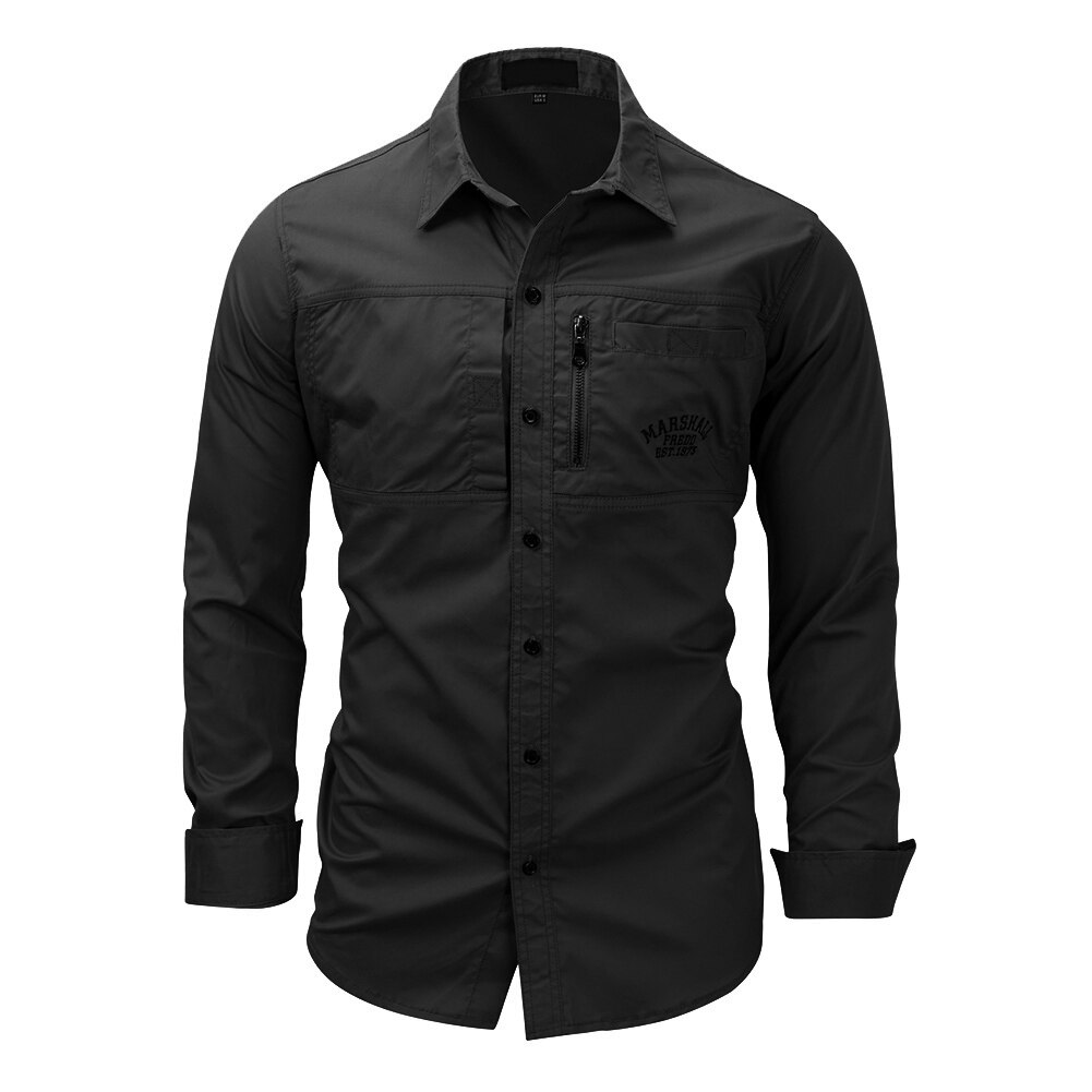 Lente Herfst Mannen Shirt Lange Mouw Effen Kleur Revers Rits Shirt Outdoor Casual Shirt Grote Maat: Zwart / M