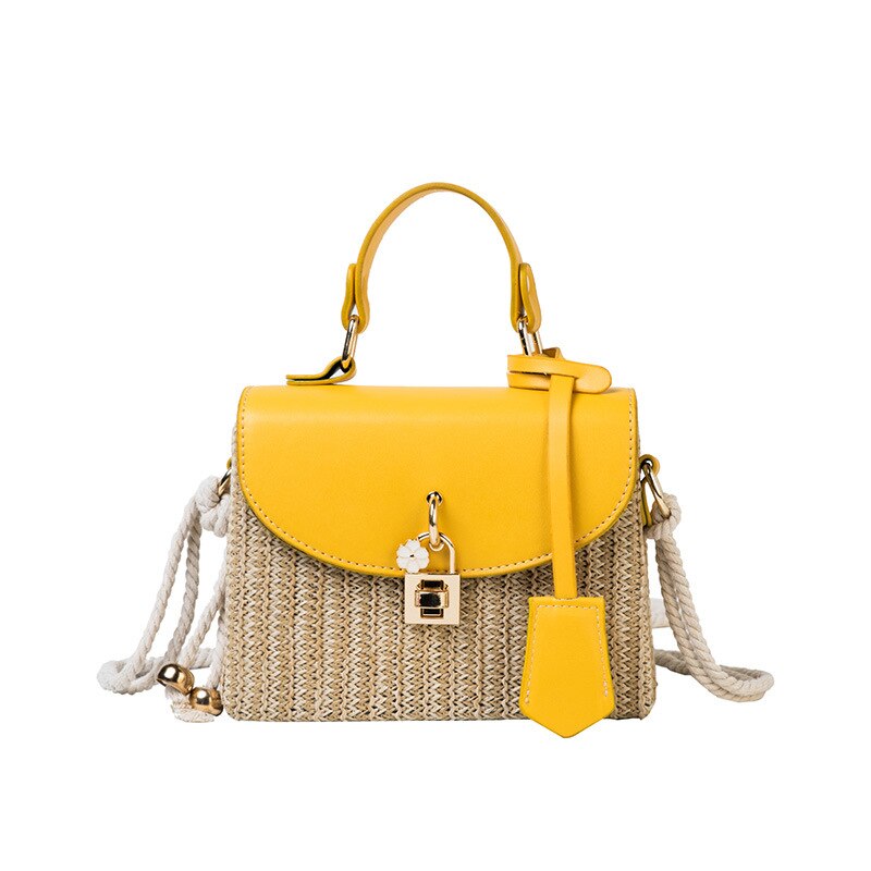 Bandoleras de mimbre tejidas de para mujer, bolso de hombro de mimbre de lujo, cruzado, bolsa de paja de playa para verano: yellow