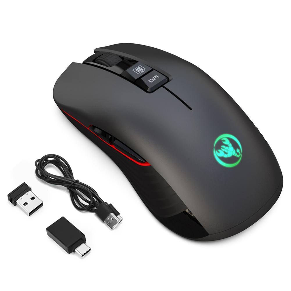 HXSJ-ratón inalámbrico T30 para juegos, Mouse negro con retroiluminación ajustable de 7 colores, 3600 DPI, recargable con adaptador de TYPE-C