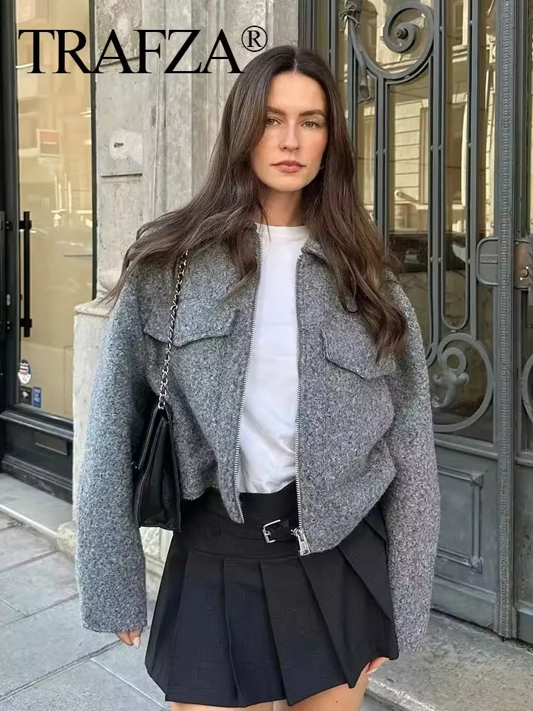 TRAFZA Jacke Für Frauen Herbst Solide Langarm Revers Mantel Vorderseite Tasche Reißverschluss Bomber Jacken Weibliche 2024 Streetwear