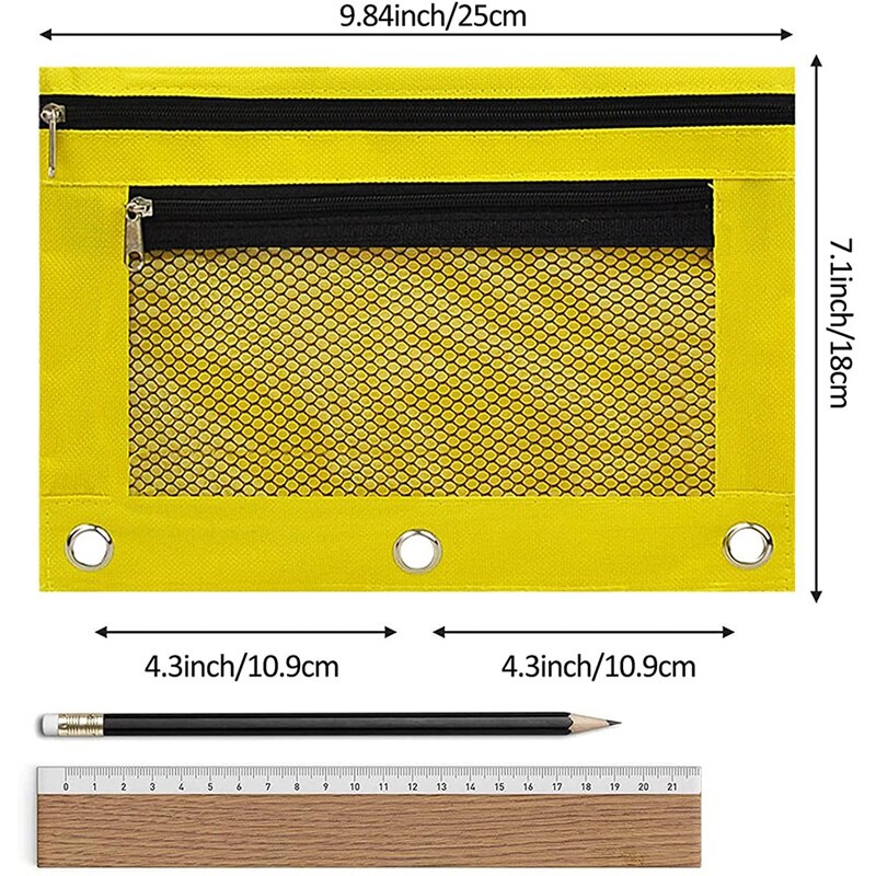 Bolsa para lápices de 3 anillos, bolsa con cremallera, estuche para lápices con doble bolsillo y ventana de malla, 6 paquetes de 6 colores