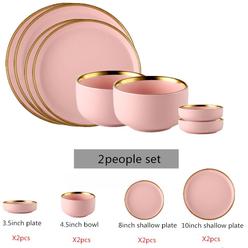 Porslinsmiddagstallrik Set Rosa Guld Kant Keramik Servis Maträtter Ris Sallad Nudlar Skål Mugg Bestick Set 1 st
