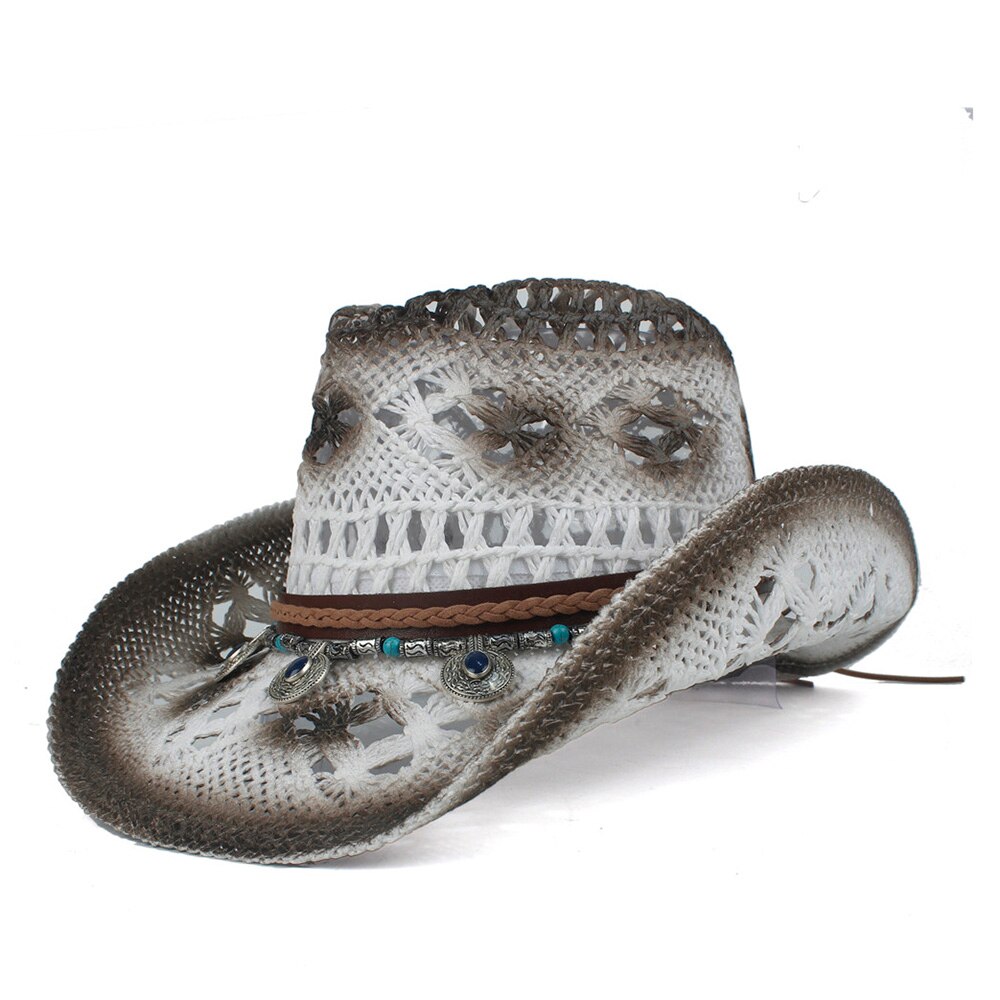Retro kvinder halm hule vestlige cowboy hat dame roll up brim bohemia kvast sombrero hombre strand cowgirl jazz sol hat: Hvid