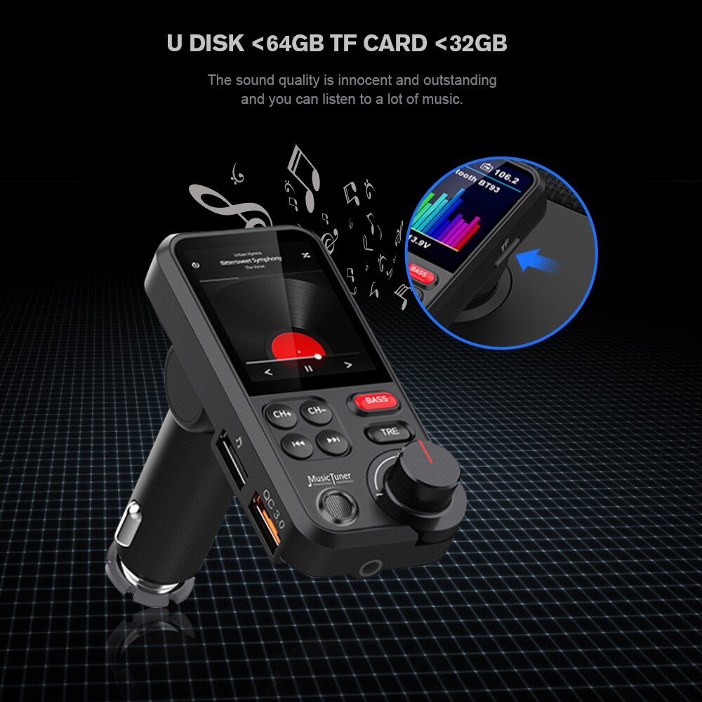 Reproductor MP3 BT93 de 1,8 pulgadas para coche, transmisor FM Aux QC3.0, carga inalámbrica, compatible con Bluetooth, sonido de graves agudos, reproductor de música