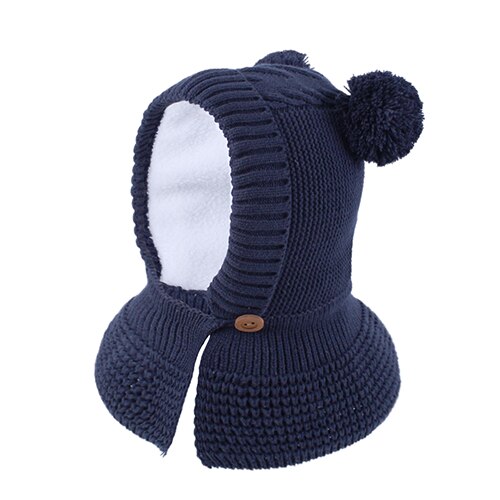 Chapeau casque enfant hiver garçon fille tricot bonnet doublure polaire pompon casquette ski extérieur accessoire: dark blue / 50-52cm   2-4years