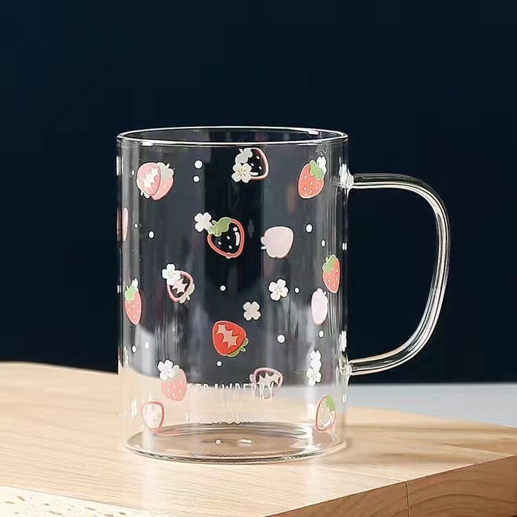 500ml glas vattenkopp mugg kontor kaffekopp hem vinglas söt frukt tryck silikon kopp lock #39 kopp porslin: Jordgubbskopp
