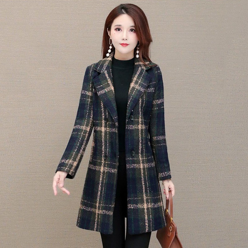 Vrouwen Wollen Jas Mid-Lengte Dubbele-Breasted Slim Plaid Jas Herfst Blended Tweed Wollen Doek bovenkleding Vrouwelijke