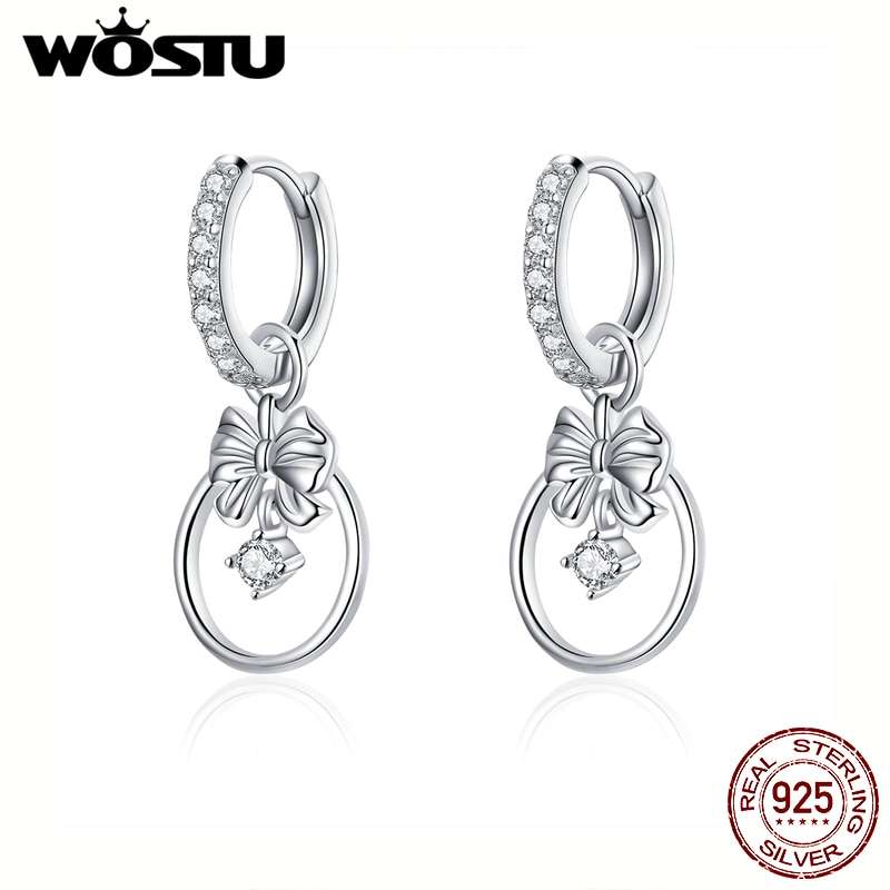 Wostu 925 prata esterlina animada bowknot gota brincos para o casamento feminino dangle brincos moda autêntica jóias cte332