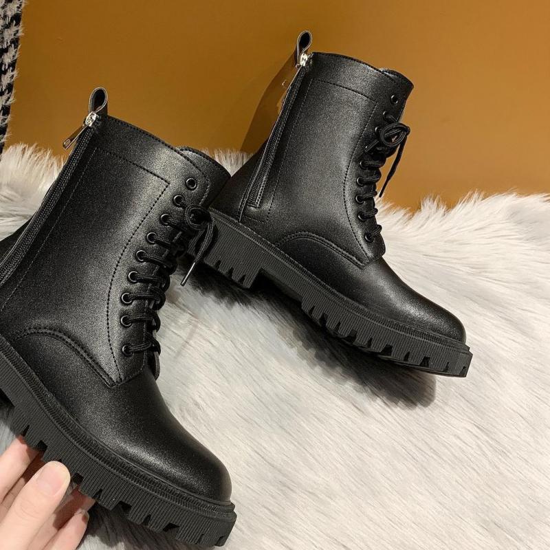 neue Landebahn Dicke Sohle Runde Kappe Stiefeletten Frau niedrig Fersen Postleitzahl Motorrad Stiefel Für Frau Spitze hoch Schwarz ritter