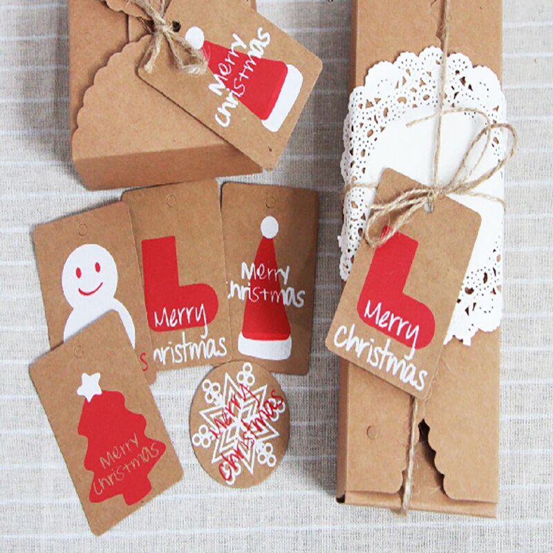 100Pcs Kraft Papier Kerst Cadeau Verpakking Tags Hangen Labels Met Sneeuwvlok Boom Patroon Decoratie Diy Handgemaakte Supply