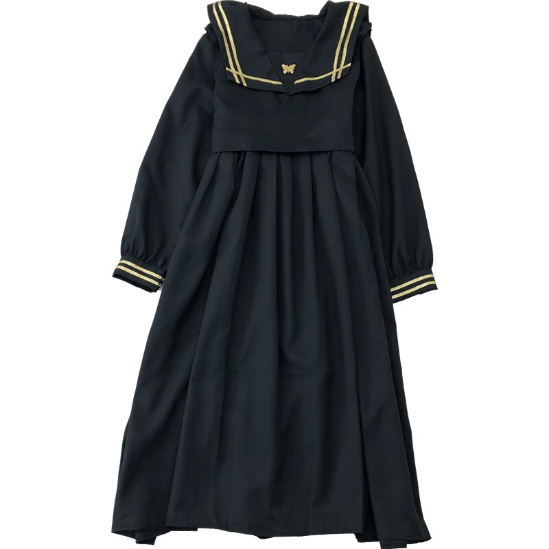 Japanese retro dark black navy collar college style long-sleeved dress female student JK sailor suit mid-length skirt