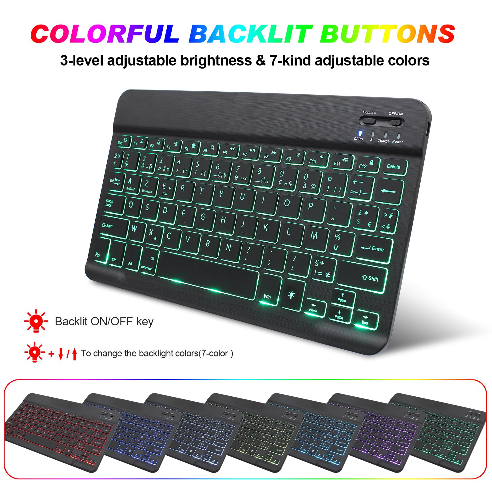 Zienstar 10inch Azerty French Rechargeable Aluminum Wireless Bluetooth Keyboard with 7 Color Backlight Lithium Battery