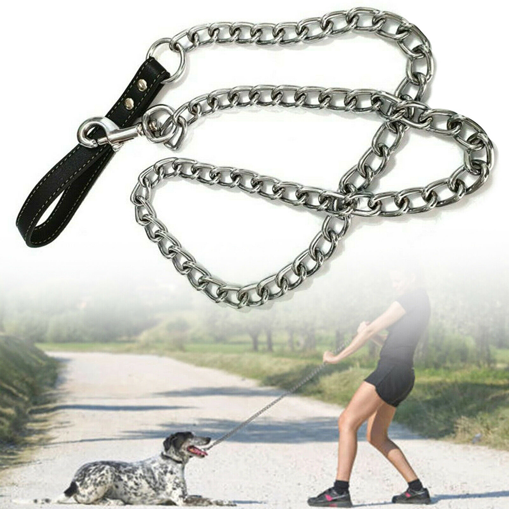 Heavy Duty Metal Chain Dog Lead With Leather Handle Long Strong Control Leash Outdoor Pet Traction Rope Anti Bite Chain