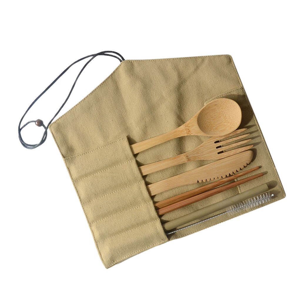 Portable Eco-friendly Fork Spoon Knife Toothbrush Chopsticks Bamboo Straw with Cutlery Bag for Travel Picnic Set: Khaki