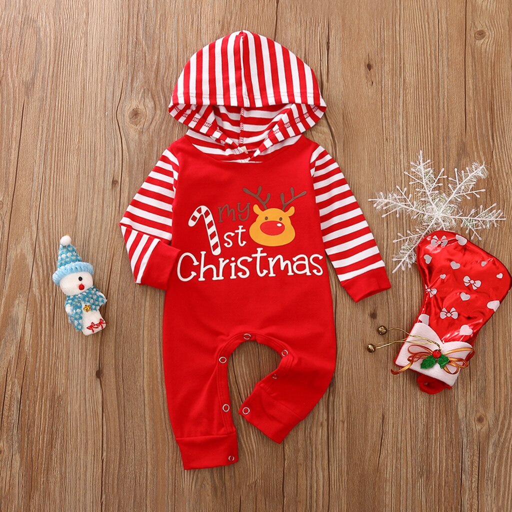 Nyfødt spædbarn baby drenge piger jule jumpsuits hættehals stribe lange ærmer tegneserie lang romper overall tøj