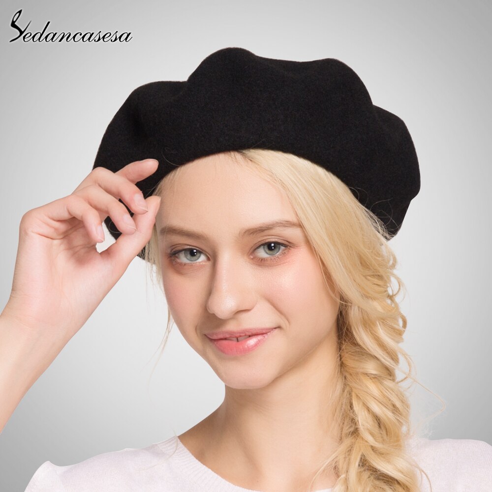 Sedancasesa kvinder baret hat strikket uld baret efterår vinter varme ensfarvede kvindelige motorhjelm hatte til kvinder sød beret cap