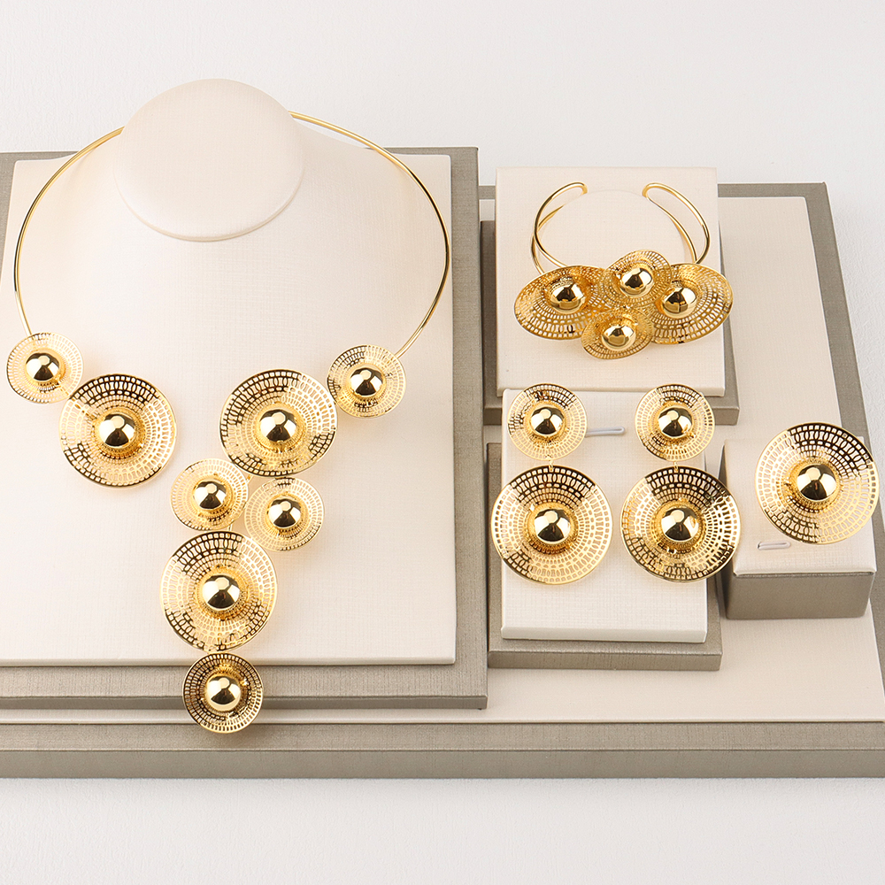 Ensemble de bijoux de mariée de dubaï, fleur de luxe, couleur or, collier rond, boucles d&#39;oreilles, bijoux de mariage, bague, bague, Nigeria: SMT251