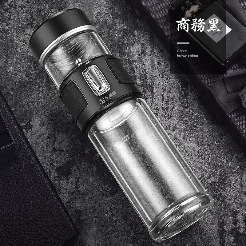 Botella de agua con doble burbuja de vidrio para hombre, separación de té de , aislamiento 600 SUS, , 316 ml: Business Black Glass