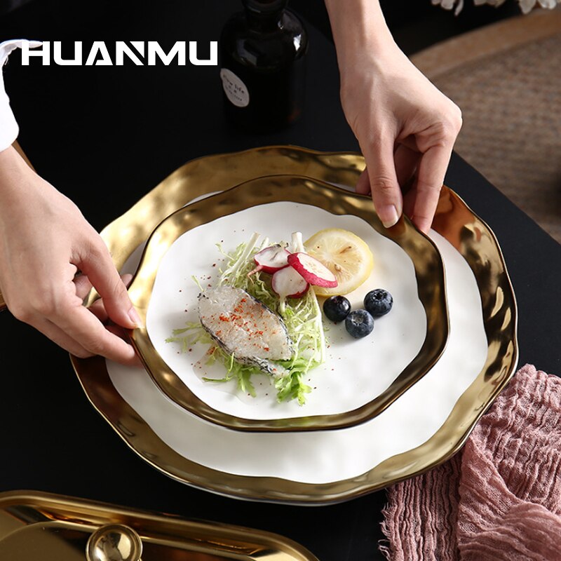 Ceramic Inlaid Golden Steak Plate Ripple Western Kitchen Utensils Tray Display Decoration Tableware Dishes