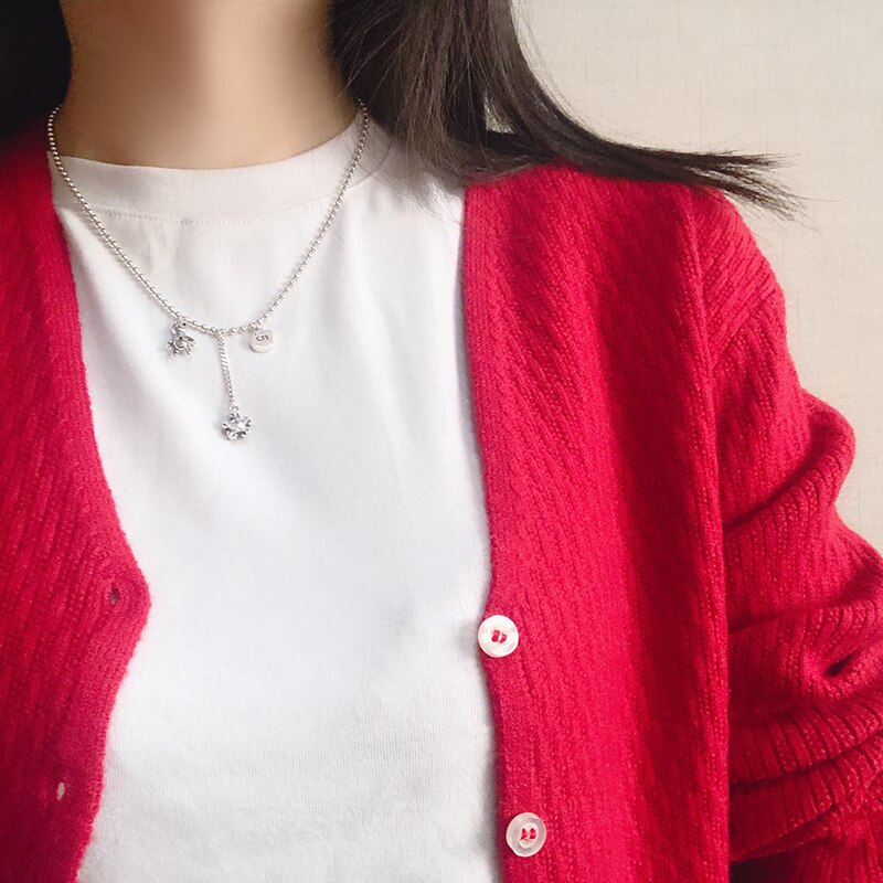 ANENJERY Retro Cute Bear Star Pendant Thai Silver Color Necklace With Long Chain Tassel Zircon Necklace for Women S-N648