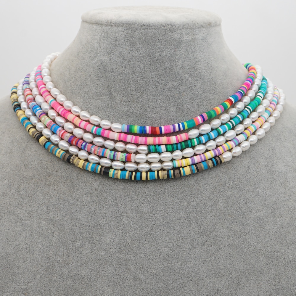 Go2 boho zoetwaterparels kettingen voor dames, sieraden van polymeerklei, heishi, 4mm kralen, handgemaakte choker, roestvrijstalen ketting