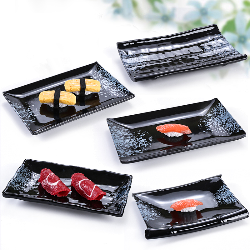 Black Melamine Rectangular Plate Bamboo Knot Dish Grilled Fish Dish Pot Meat Cold Dish Japanese Sushi Plate