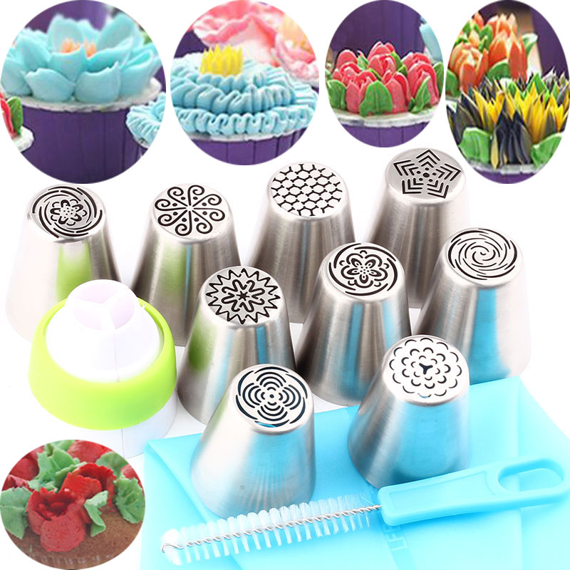 9 Pcs Russische Icing Piping Nozzles Cake Bloem Pastry Tips Cake Decorating En 1 Pcs Borstel 1 Stuks Koppeling Converter 1 Pcs Nozzles Bag