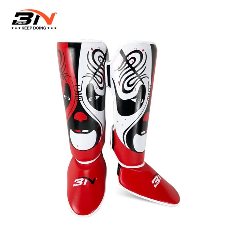 Chinese Opera Facial Makeup Boxing Shin Guards PU Ankle Protector MMA Muay Thai Kickbox Training Leg Warmers Sparring Shin Pads: Red / 160cm to 185cm