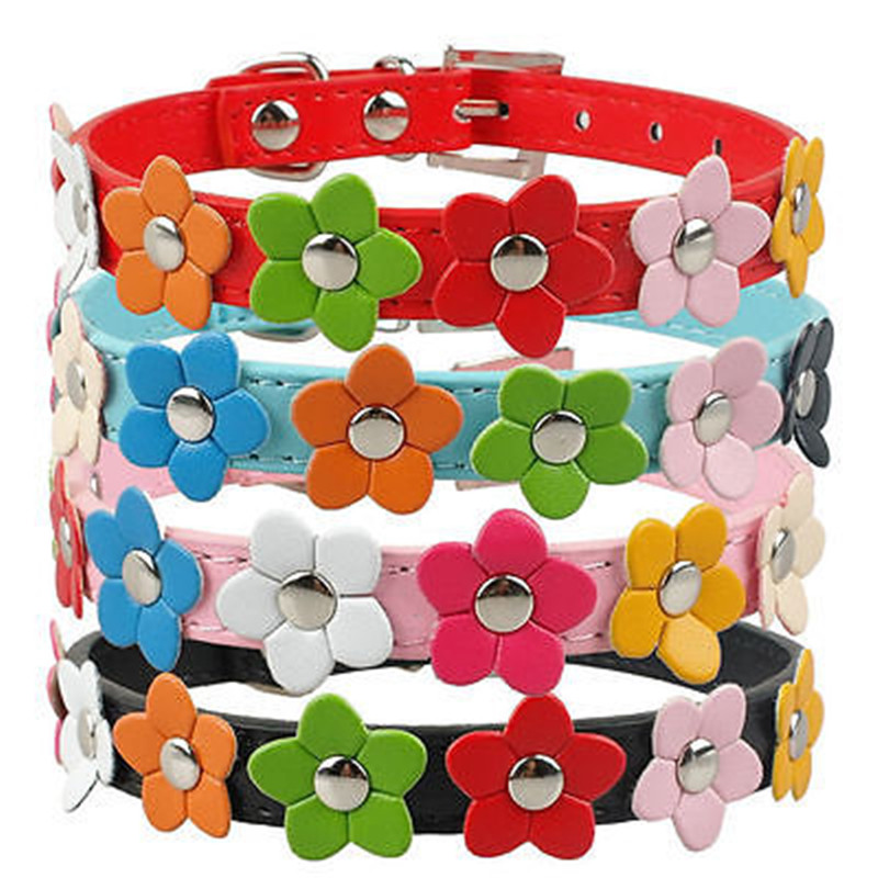 Colours Flower Studded Dog Coller Collar Pu Leather Pet Puppy Cat Neck Strap