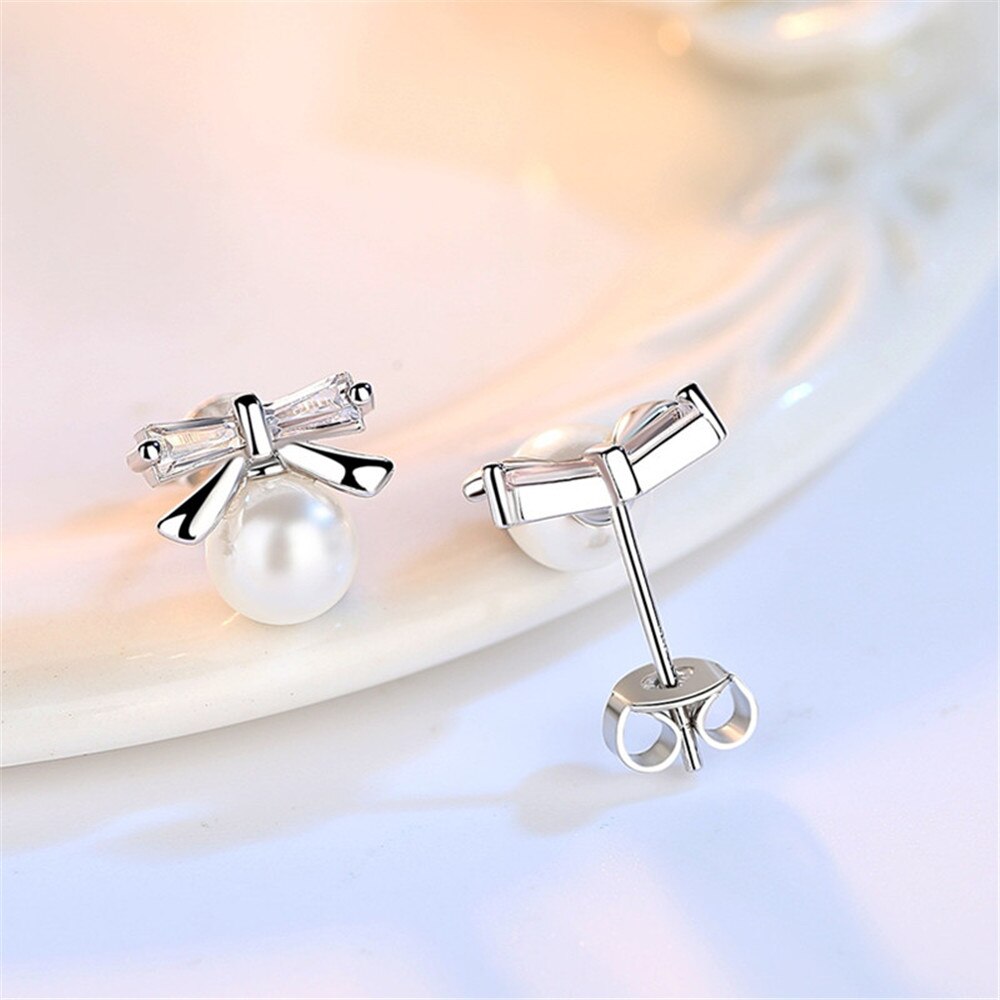 Fashionable Silver Jewelry Female Stud Earrings Luxury Cubic Zirconia Pearl Earrings Bow Tie Sweet and Simple Trinkets 6MM