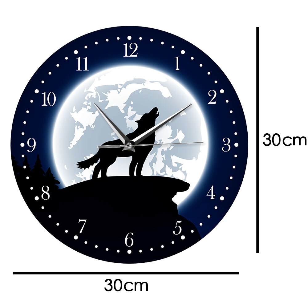 Howling Wolf With Moon Wall Clock Wildlife Animal Wolf Wall Clock Modern Grey Wolf Man Cave Living Room Home Decor